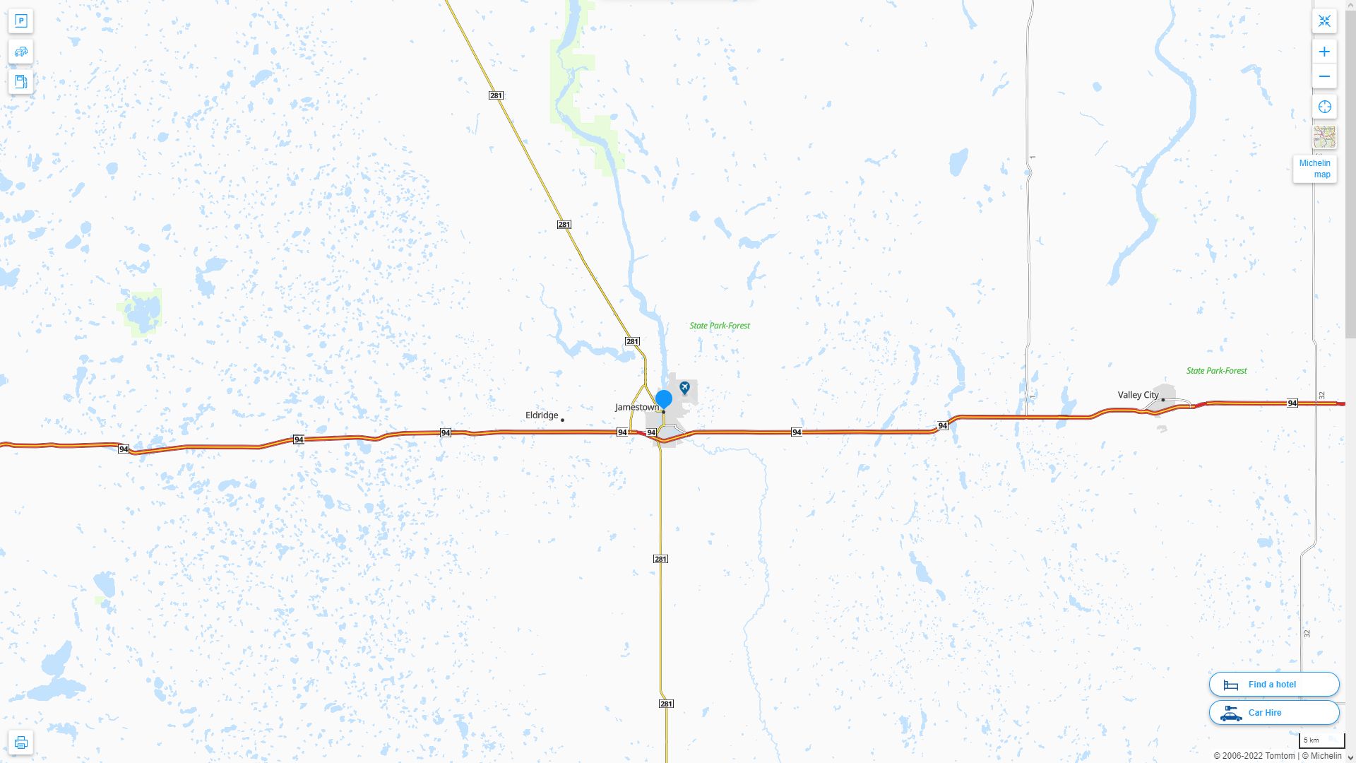 Jamestown North Dakota Highway and Road Map